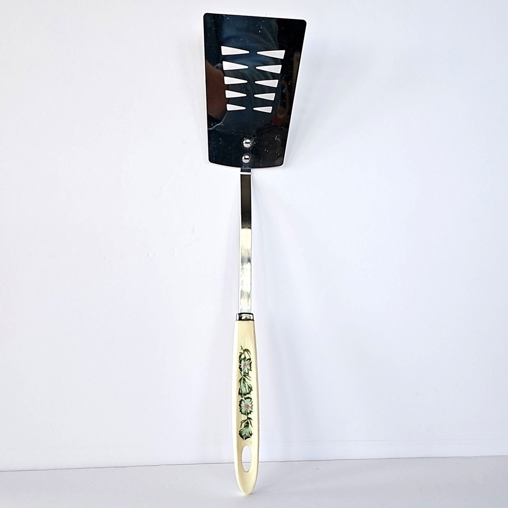 Retro Androck Spatula Stainless Steel White Floral Handle Slotted 14"‎ Vtg 1934